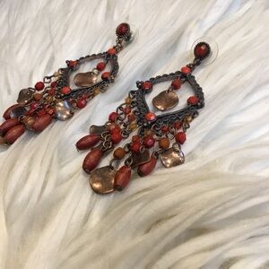 Copper Dangle Earrings Red Beaded